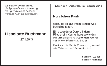 Traueranzeige von Lieselotte Buchmann von Eßlinger Zeitung/Cannstatter Zeitung