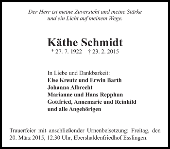 Traueranzeige von Käthe Schmidt von Eßlinger Zeitung/Cannstatter Zeitung