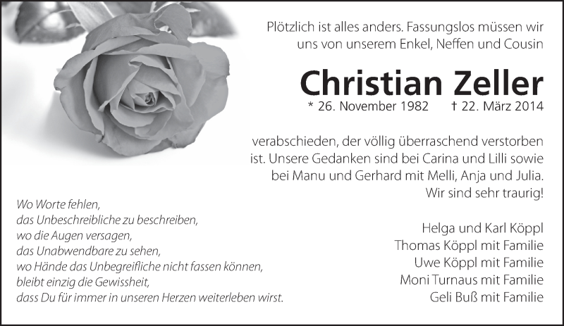  Traueranzeige für Christian Zeller vom 26.03.2014 aus Eßlinger Zeitung/Cannstatter Zeitung