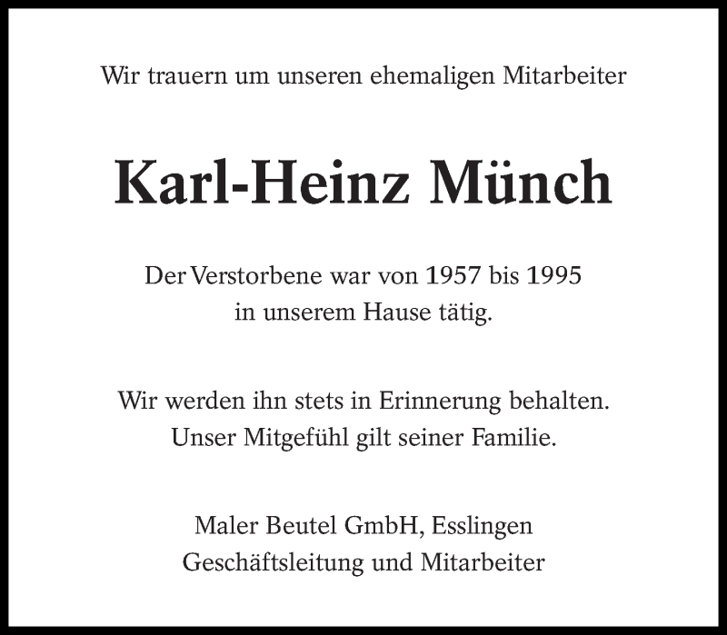  Traueranzeige für Karl-Heinz Münch vom 14.02.2015 aus Eßlinger Zeitung/Cannstatter Zeitung