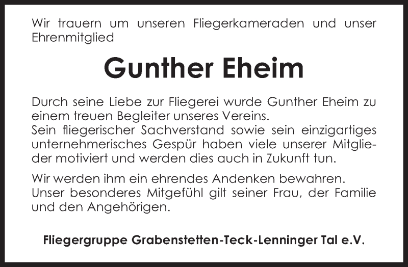  Traueranzeige für Gunther Eheim vom 07.02.2013 aus Eßlinger Zeitung/Cannstatter Zeitung