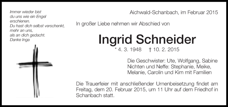 Traueranzeige für Ingrid Schneider vom 14.02.2015 aus Eßlinger Zeitung/Cannstatter Zeitung