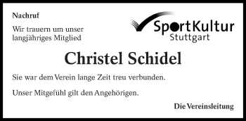 Traueranzeige von Christel Schidel von Eßlinger Zeitung/Cannstatter Zeitung