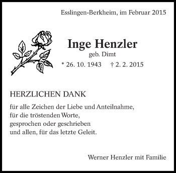 Traueranzeige von Inge Henzler von Eßlinger Zeitung/Cannstatter Zeitung