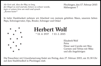 Traueranzeige von Herbert Wolf von Eßlinger Zeitung/Cannstatter Zeitung