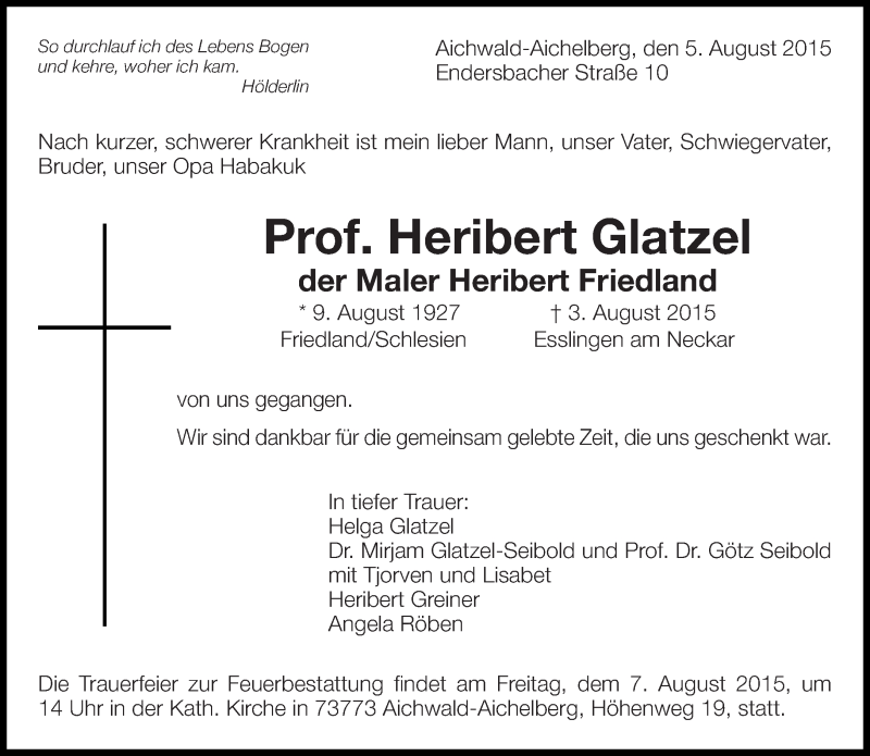  Traueranzeige für Heribert Glatzel vom 05.08.2015 aus Eßlinger Zeitung/Cannstatter Zeitung