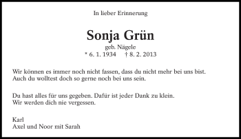 Traueranzeige von Sonja Grün von Eßlinger Zeitung/Cannstatter Zeitung