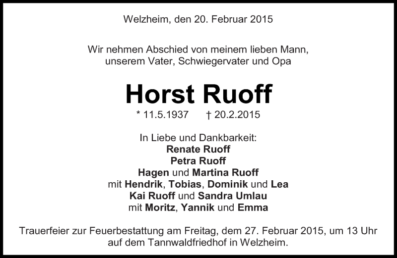  Traueranzeige für Horst Ruoff vom 24.02.2015 aus Eßlinger Zeitung/Cannstatter Zeitung