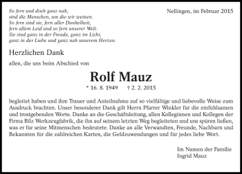 Traueranzeige von Rolf Mauz von Eßlinger Zeitung/Cannstatter Zeitung