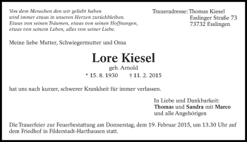 Traueranzeige von Lore Kiesel von Eßlinger Zeitung/Cannstatter Zeitung