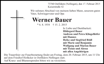 Traueranzeige von Werner Bauer von Eßlinger Zeitung/Cannstatter Zeitung