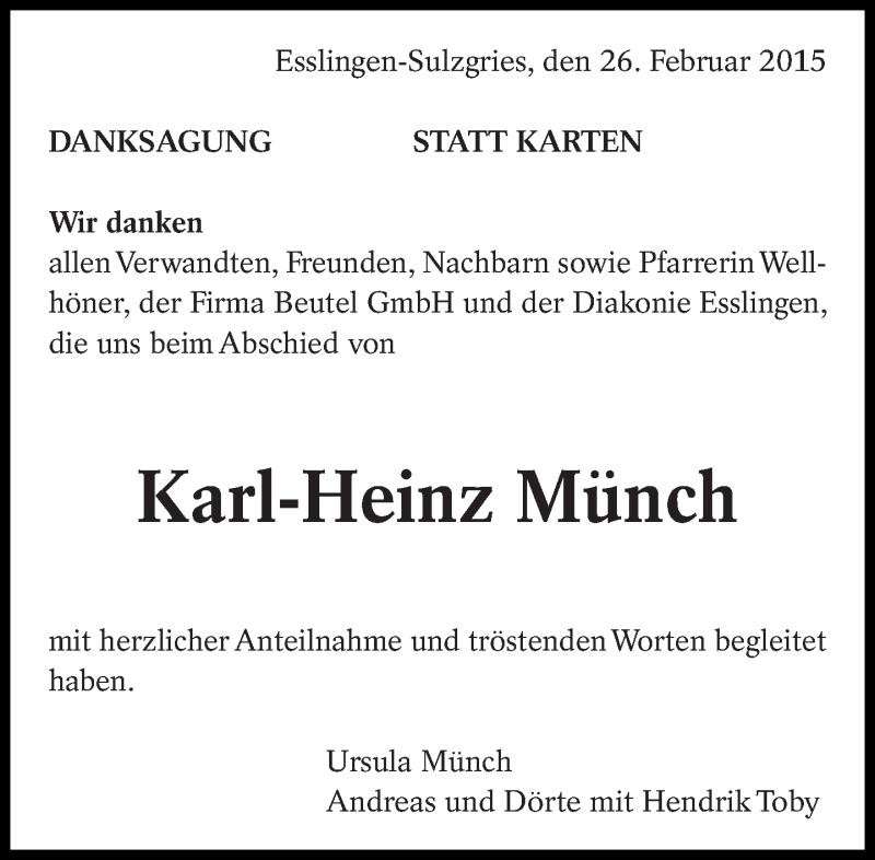  Traueranzeige für Karl-Heinz Münch vom 26.02.2015 aus Eßlinger Zeitung/Cannstatter Zeitung