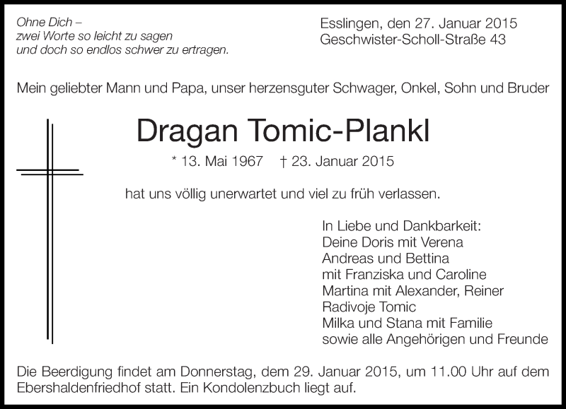  Traueranzeige für Dragan Tomic-Plankl vom 27.01.2015 aus Eßlinger Zeitung/Cannstatter Zeitung