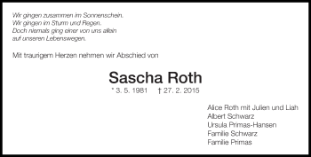 Traueranzeige von Sascha Roth von Eßlinger Zeitung/Cannstatter Zeitung