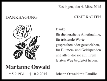 Traueranzeige von Marianne Oswald von Eßlinger Zeitung/Cannstatter Zeitung