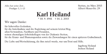 Traueranzeige von Karl Heiland von Eßlinger Zeitung/Cannstatter Zeitung
