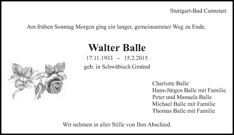  Traueranzeige für Walter Balle vom 17.02.2015 aus Eßlinger Zeitung/Cannstatter Zeitung