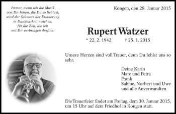 Traueranzeige von Rupert  Watzer von Eßlinger Zeitung/Cannstatter Zeitung