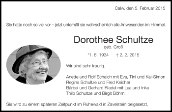 Traueranzeige von Dorothee Schultze von Eßlinger Zeitung/Cannstatter Zeitung