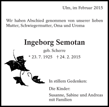 Traueranzeige von Ingeborg Semotan von Eßlinger Zeitung/Cannstatter Zeitung