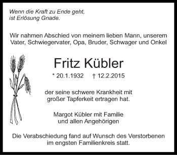 Traueranzeige von Fritz Kübler von Eßlinger Zeitung/Cannstatter Zeitung