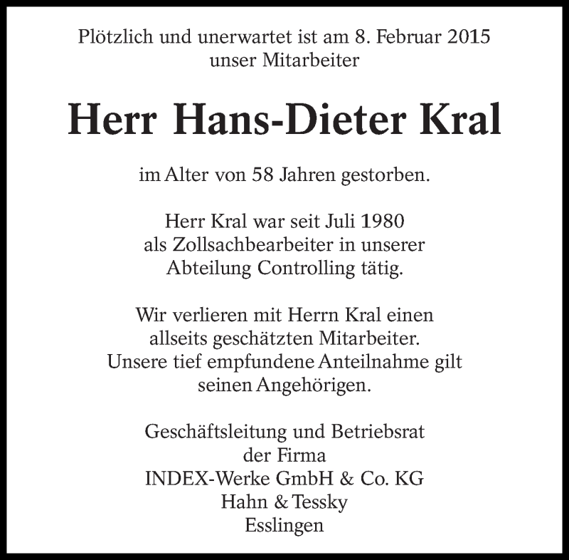  Traueranzeige für Hans-Dieter Kral vom 16.02.2015 aus Eßlinger Zeitung/Cannstatter Zeitung