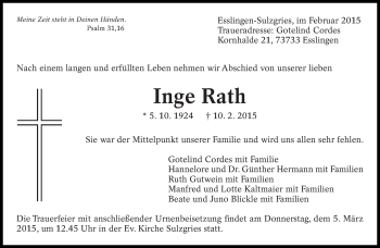 Traueranzeige von Inge Rath von Eßlinger Zeitung/Cannstatter Zeitung