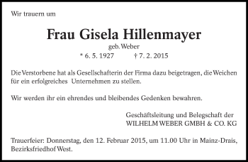 Traueranzeige von Gisela Hillenmayer von Eßlinger Zeitung/Cannstatter Zeitung