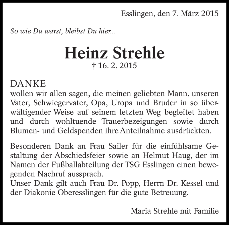  Traueranzeige für Heinz Strehle vom 07.03.2015 aus Eßlinger Zeitung/Cannstatter Zeitung
