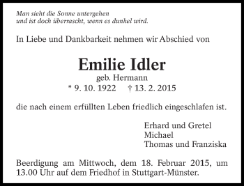 Traueranzeige von Emilie Idler von Eßlinger Zeitung/Cannstatter Zeitung