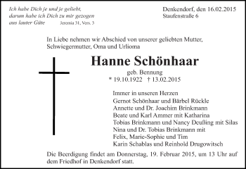 Traueranzeige von Hanne Schönhaar von Eßlinger Zeitung/Cannstatter Zeitung