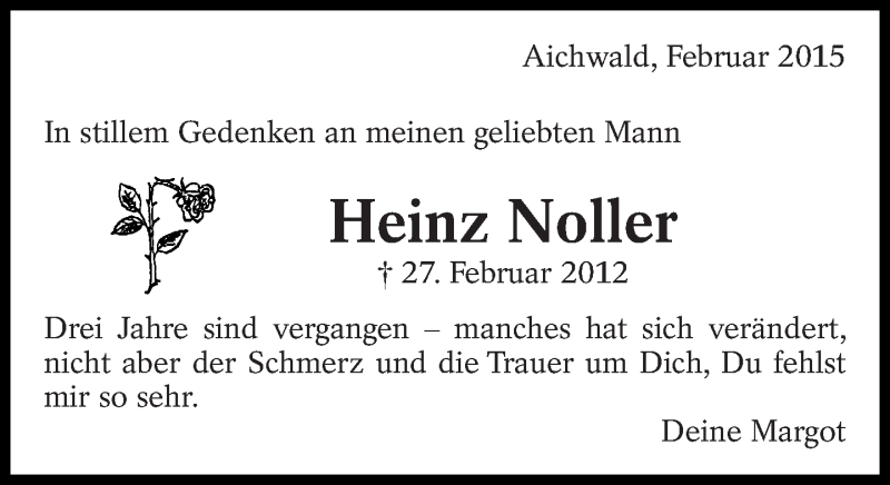  Traueranzeige für Heinz Noller vom 27.02.2015 aus Eßlinger Zeitung/Cannstatter Zeitung