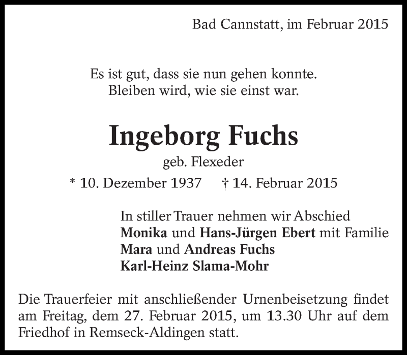  Traueranzeige für Ingeborg Fuchs vom 24.02.2015 aus Eßlinger Zeitung/Cannstatter Zeitung