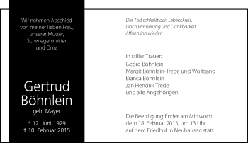 Traueranzeige von Gertrud Böhnlein von Eßlinger Zeitung/Cannstatter Zeitung