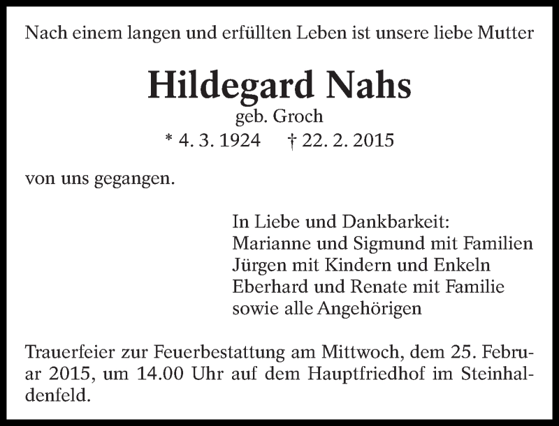  Traueranzeige für Hildegard Nahs vom 24.02.2015 aus Eßlinger Zeitung/Cannstatter Zeitung