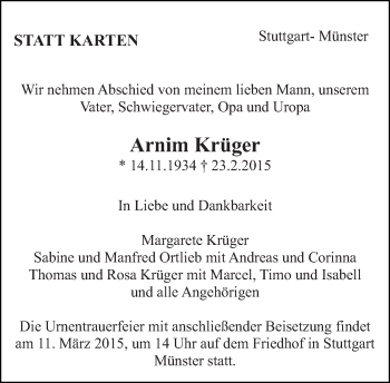 Traueranzeige von Arnim Krüger von Eßlinger Zeitung/Cannstatter Zeitung