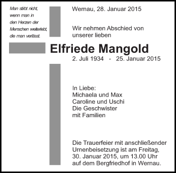Traueranzeige von Elfriede Mangold von Eßlinger Zeitung/Cannstatter Zeitung