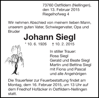 Traueranzeige von Johann Siegl von Eßlinger Zeitung/Cannstatter Zeitung