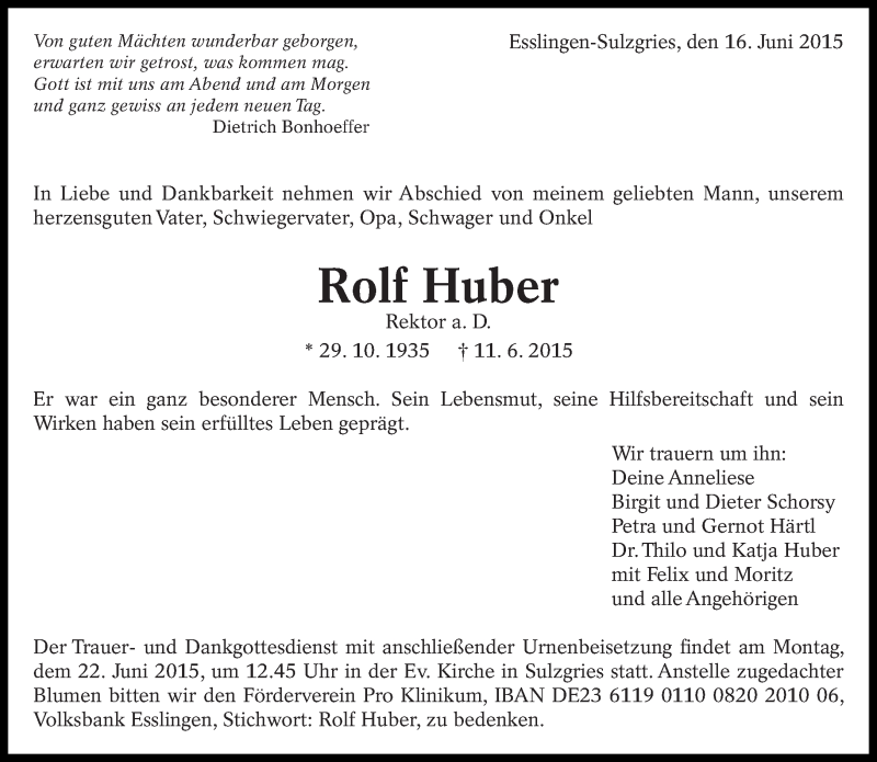  Traueranzeige für Rolf Huber vom 16.06.2015 aus Eßlinger Zeitung/Cannstatter Zeitung