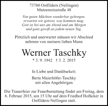 Traueranzeige von Werner Taschky von Eßlinger Zeitung/Cannstatter Zeitung