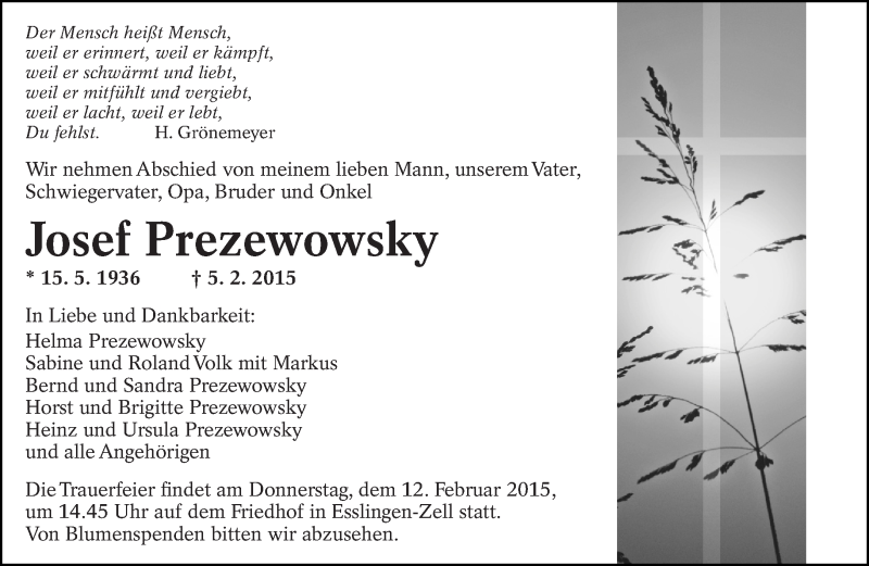  Traueranzeige für Josef Prezewowsky vom 10.02.2015 aus Eßlinger Zeitung/Cannstatter Zeitung