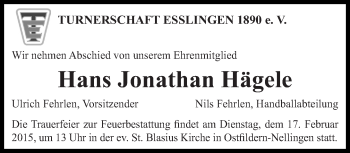 Traueranzeige von Hans Jonathan Hägele von Eßlinger Zeitung/Cannstatter Zeitung