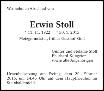 Traueranzeige von Erwin Stoll von Eßlinger Zeitung/Cannstatter Zeitung