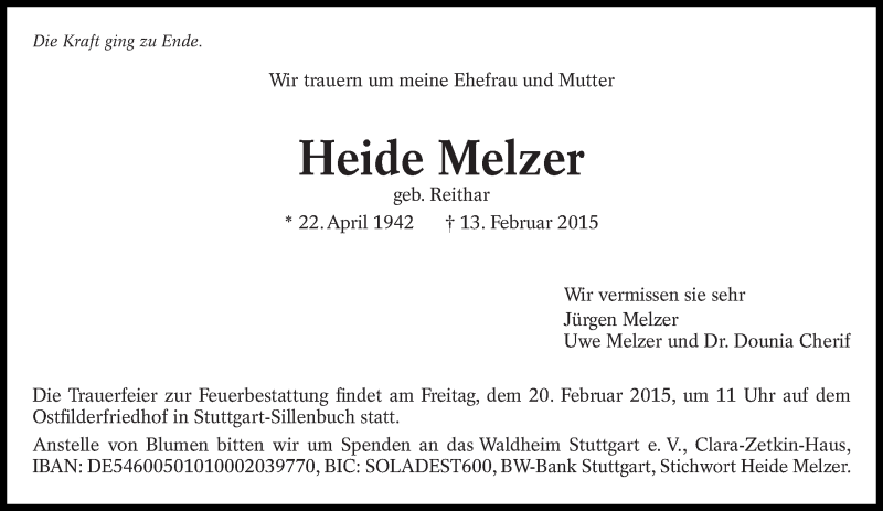  Traueranzeige für Heide Melzer vom 18.02.2015 aus Eßlinger Zeitung/Cannstatter Zeitung