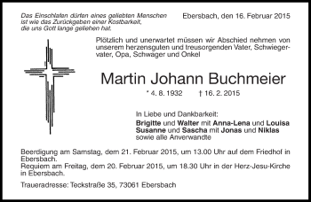 Traueranzeige von Martin Johann Buchmeier  von Eßlinger Zeitung/Cannstatter Zeitung