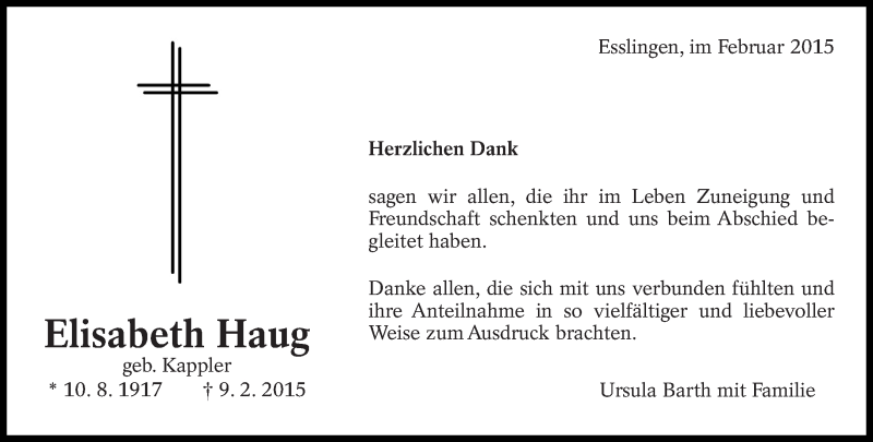  Traueranzeige für Elisabeth Haug vom 28.02.2015 aus Eßlinger Zeitung/Cannstatter Zeitung