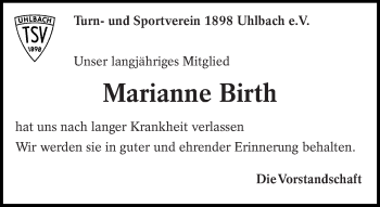 Traueranzeige von Marianne Birth von Eßlinger Zeitung/Cannstatter Zeitung