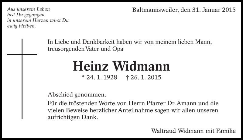  Traueranzeige für Heinz Widmann vom 31.01.2015 aus Eßlinger Zeitung/Cannstatter Zeitung