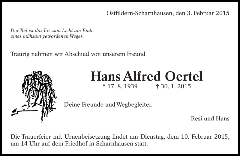 Traueranzeige für Hans Alfred Oertel vom 03.02.2015 aus Eßlinger Zeitung/Cannstatter Zeitung