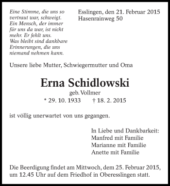 Traueranzeige von Erna Schidlowski von Eßlinger Zeitung/Cannstatter Zeitung